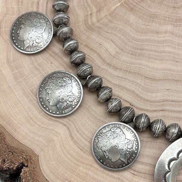 1970s Native American NAVAJO Silver Turquoise Naja Necklace Morgan Dollar Coins - Picture 3 of 8